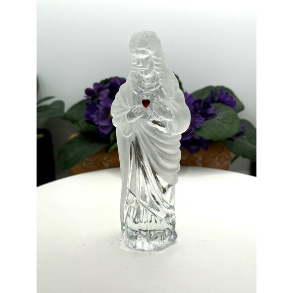 Clear & Frosted Glass Virgin Mary Figurine With Red Heart - Picture 1 of 11